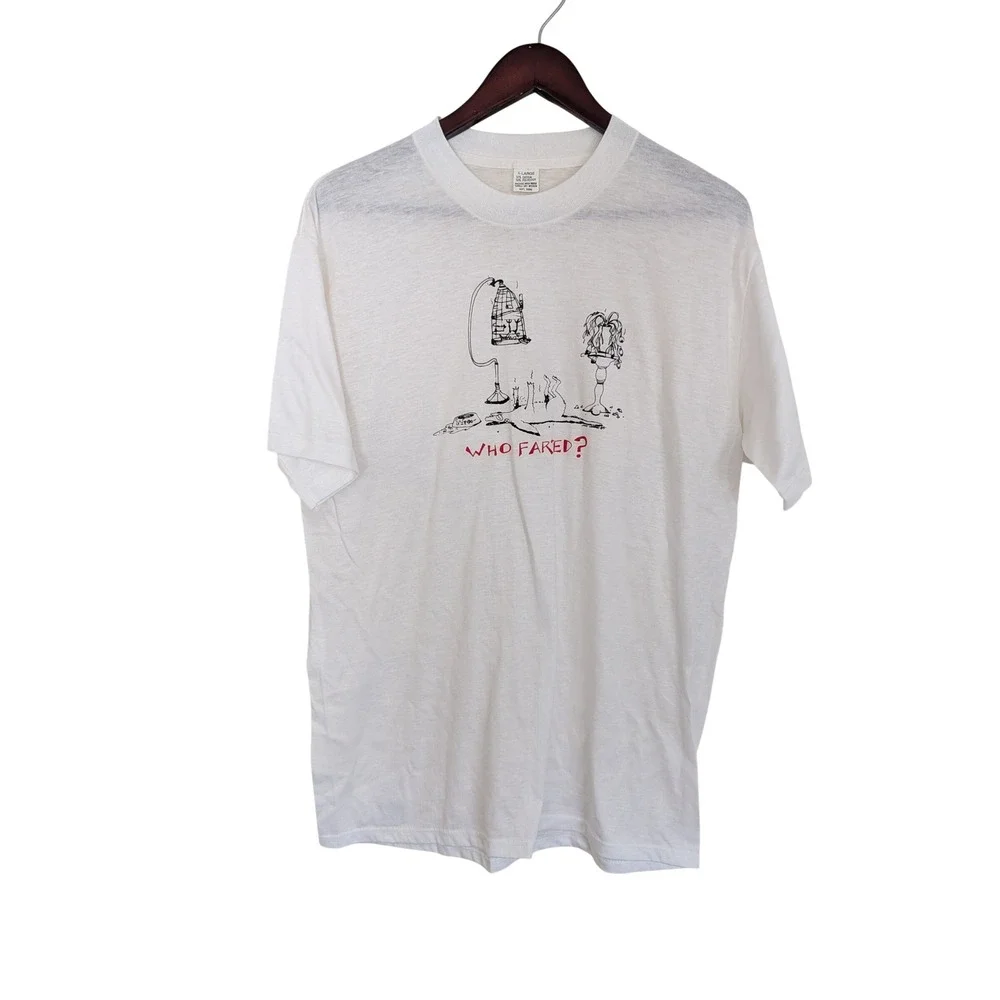 Vintage 1984 John Lamb Who Farted Graphic T-Shirt XL White Paper Thin 80s Tee